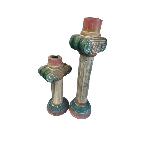 Vintage Pier 1 Pink Green Hand Painted Aztec Pillar Candlestick Holder‎ Pair 13" - Picture 4 of 12